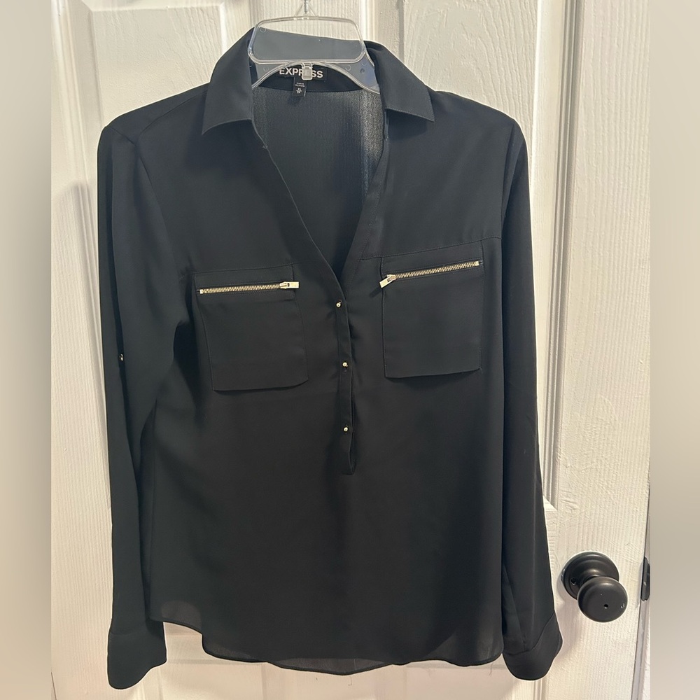 Express Top Size XS Black Long Roll Tab Sleeve V Neck Chest Pockets Gold Accent